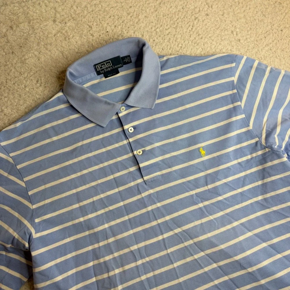 Polo Ralph Lauren Golf Shirt Mens Large Blue White Striped Pima Cotton Polo L